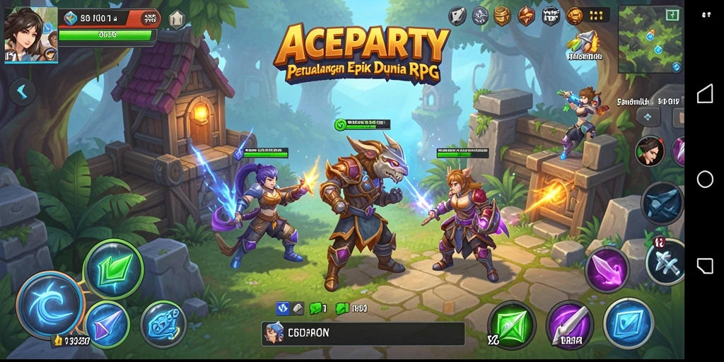Screenshot utama ACEPARTY menunjukkan aksi pertarungan RPG yang mendebarkan.