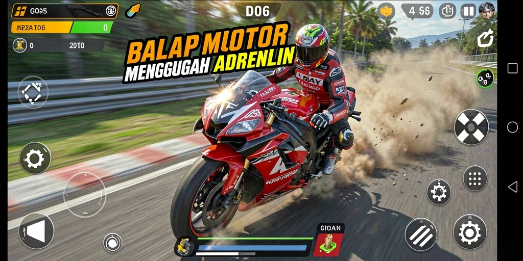 Gameplay D06 menampilkan balapan motor yang realistis dan mendebarkan.
