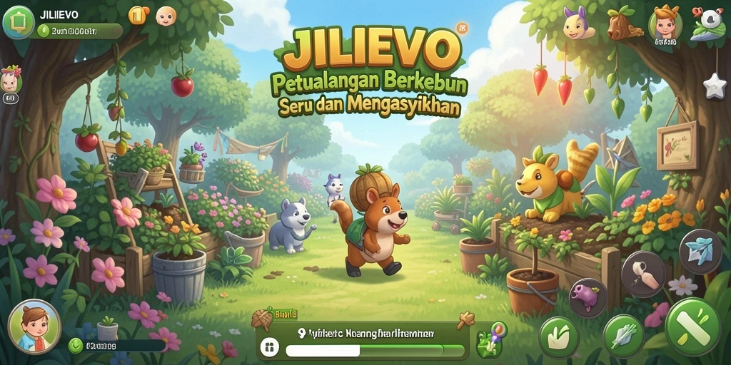 Screenshot gameplay JILIEVO yang menunjukkan kebun yang indah dan penuh warna.
