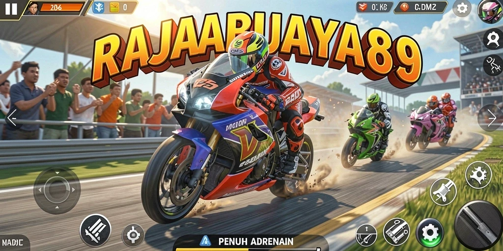 Screenshot gameplay RAJABUAYA89 menampilkan balapan motor yang seru dan penuh aksi.