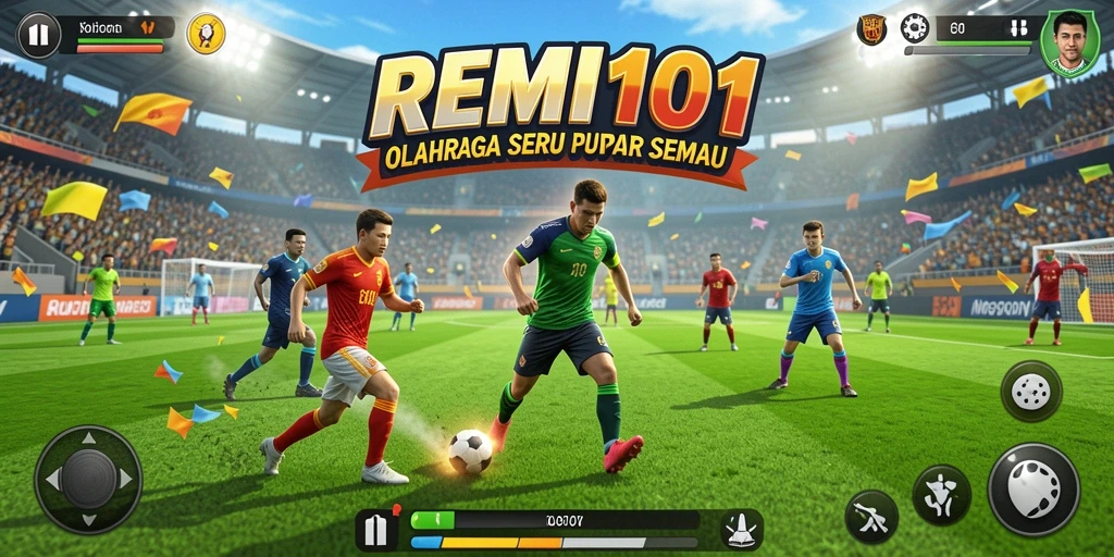 Screenshot utama REMI101 menampilkan aksi penuh semangat dalam permainan olahraga.