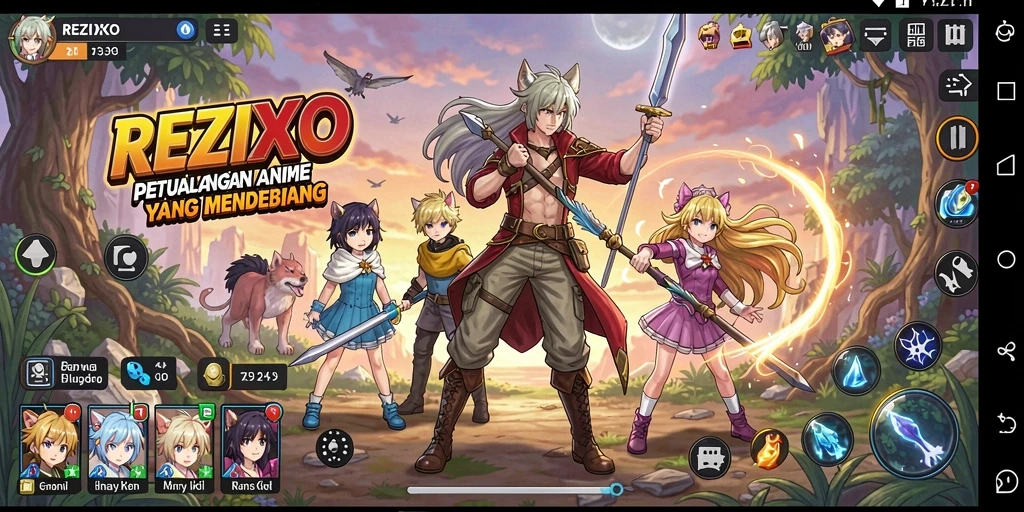 Tampilan gameplay epik dengan karakter anime yang beraksi.