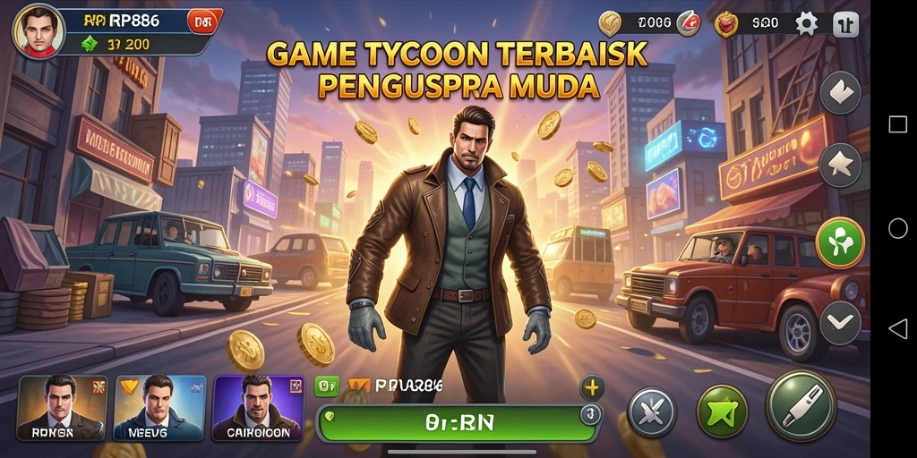 Menampilkan gameplay RP886 dengan strategi manajemen bisnis yang seru.