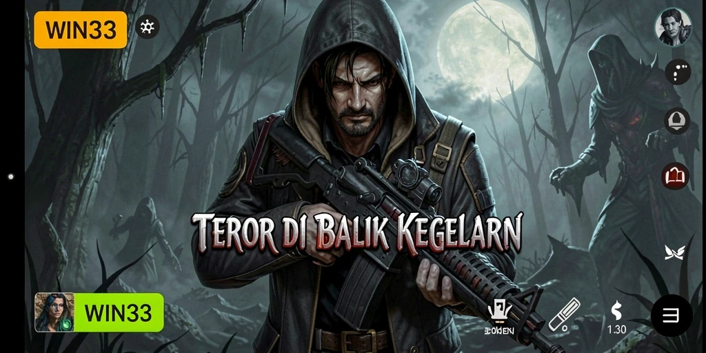 Screenshot permainan WIN33 dengan suasana mencekam dan makhluk teror.