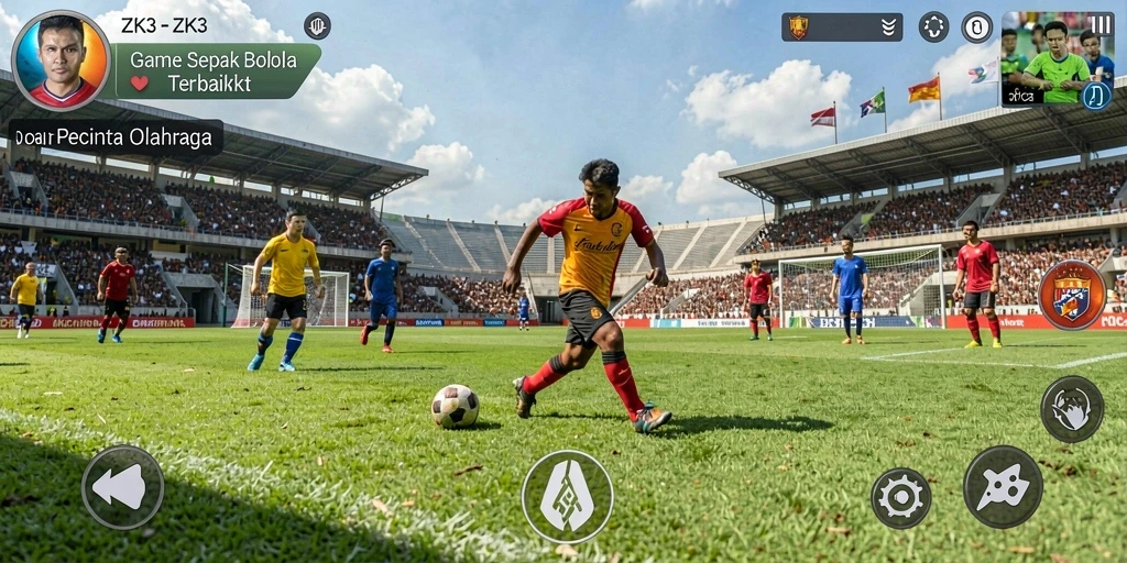 Screenshot gameplay ZK3 menampilkan aksi seru di lapangan sepak bola.